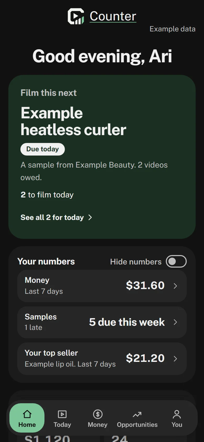 Counter's Home page on example data: the video to film next and the last 7 days' numbers