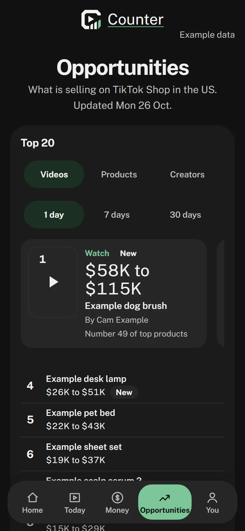 Counter's Opportunities page on example data: the top 20 videos selling on TikTok Shop in the US